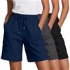 Neer Confezione da 3 Pantaloncini Cargo da Donna, in Vita Elasticizzata, con Coulisse, Lunghezza al Ginocchio, Stile Casual, con Tasche Cargo