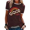 WIEIYM Women's T-Shirts Short Sleeve Round Neck T Shirt Rainbow Graphic Summer Tee Shirts Ladies Casual Tee Tops with Good Vibes Letter Printed S-XXL