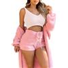 amropi Donna Pigiama in Pile con Cappuccio Giacca + Gilet + Pantaloncini + Calze 4 Pezzi Loungewear Set Rosa, S