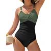 Vijamiy Costume Intero Contenitivo da Bagno Donna Curvy Costumi Piscina Interi Push Up Scollo A V Mare Beachwear Swimsuit for Women con Metallo Decorativo(Verde e Nero,M)
