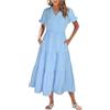Theenkoln Abito estivo da donna, lungo, con scollo a V, a maniche corte, in tinta unita, con volant, per il tempo libero, con tasche, Celeste., M