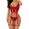 Aranmei Lingerie Sexy per Donna Set con Reggicalze Body in Pizzo Floreale Teddy Babydoll Reggiseno con Ferretto e Slip Rosso Vino XL