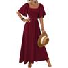 LIAMERHE Maniche Corte Abito Lungo Donna Estivo Elegante Scollo Quadrato Maniche a Volant Vestito Maxi A-Line Vestiti Vita Alta Boho Chic Abiti Casual per Mare Cerimonia Party Bordeaux S