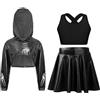 Yhong Complesso Metallico Di Jazz Hip Hop Per Bambina Felpa Corta Con Cappuccio Top Senza Maniche Gonna Plissata Costume Di Animatrice