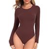 Summienlink Body da donna a maniche lunghe, elasticizzato, morbido, sexy, basic, girocollo, camicia top, Caffè, Small