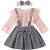 Verve Jelly Set di Vestiti per Neonati per Neonate in Pizzo Top a Maniche Lunghe in Pizzo + Gonna con Bretelle Scozzese + Completi per Fascia, Rosa, 100, 2-3 Anni