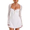 Alaurbeauty Abito da donna Y2K in pizzo a maniche lunghe, mini abito sexy a taglio basso, con fiocco dietro, abito corto senza spalline, abito in pizzo scollato, abito elegante da cocktail e da festa
