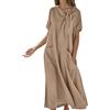 Generico Vestito Lungo Donna con Fiocco Tasche Maniche Corte vestibilità Ampia Elegante Comodo(Khaki, XL)