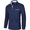 KUNJLELP Polo da Uomo a Maniche Lunga in Cotone Casual Magliette Plaid T-Shirt Slim Fit Golf Poloshirt con Tasca,Blu,XXL