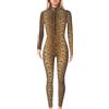 Maeau Tuta da donna a maniche lunghe, con leopardo, con colletto alto, elasticizzato, con chiusura lampo, taglie S-XL, Marrone chiaro., XL