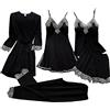 Generisch Pigiama in raso, set da 5 pezzi, da donna con veste, biancheria intima sexy da donna, Nero , S
