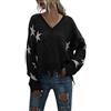 Generic Maglioni da donna oversize con scollo a V maglioni lavorati a maglia da donna con grafica a stella a pipistrello top a maniche lunghe da donna pullover corto strappato jacquard casual maglieria