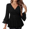 Generic Top da donna scintillante da donna con volant svasato manica a 3/4 eleganti camicette eleganti glitterate a doppio strato camicie in rete con scollo a V casual tunica top slim magliette da sera feste