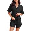 Famulily Pigiama corto da donna, 100% cotone, con scollo a V, a maniche corte, con bottoni e pantaloncini con tasche e coulisse, set da 2 pezzi, pigiama da spiaggia, set estivo, Nero , S