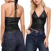 Fuimsul Top sexy da donna in pelle PU con allacciatura posteriore all'americana estiva slim fit increspato laterale profondo scollo a V senza maniche camicia senza schienale