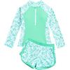 JiAmy Costume da bagno da ragazza con pantaloncini, costume da bagno a due pezzi per ragazze, a maniche lunghe, costume da bagno per bambini con zip Rash Guard costume da bagno 8-14 anni, Verde chiaro