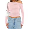 OOHOKAY Maglia a maniche lunghe da donna con spalle scoperte, classica, basic Tshirt Crop Tops Y2K Slim Fit Top Casual Shoulder Streetwear, Rosa-J, L