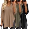 Suilung - Confezione da 3 T-Shirt da Donna Oversize a Maniche a 3/4, Scollo a V, Stile Tunica in Maglia con Spacchi Laterali(XL,Nero, Verde Militare, caffè)