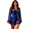 ohyeahlady Vestaglia Donna in Pizzo con Cintura Scolla V G-String Camicia da Notte Pigiama Hot Corta Grande Size Floreale Estiva Kimono Babydoll(M-L,Blu)