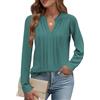 Cuptacc Camicia Donna Maniche Lunga Henley Maglietta Donna Elegante con Plissettata Camicette Tunica Blu Verde, Medium M 38-40