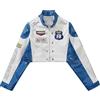 Aelfric Eden Giacca da donna in ecopelle, cropped, stile racing, con cerniera, patchwork, stampa con lettere, giacca da motociclista, hip-hop, Y2K, streetwear, Blu, XS