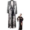 MIZSPISE Accappatoio Lungo da Donna Sexy Vestaglia in Rete Kimono Patchwork Abito da Donna Abito in Pizzo Lingerie Ricamo Pigiama (IT, Testo, Taglia unica, Regular, Regular, nero)