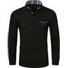 KUNJLELP Polo da Uomo Manica Lunga con Tasca Patchwork Strisce Multicolori Maglietta Maglia Casual per l'autunno e l'inverno,B-Nero,M