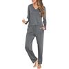 Wikoan Pigiama Donna Set Morbido 2 Pezzi Scollo a V Donna Pigiama Set, Manica Lunga Pigiama Top e Pantaloni con Tasche,Grigio,XXL