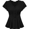 GRACE KARIN Top estivo da donna a maniche corte con scollo a V, con volant e punto smock plissettato, top per feste casual, Nero , XXL