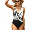 JFAN Costume da Bagno Intero Donna con Scollo A V Volant Stampa A Foglie Costumi da Mare Controllo della Pancia Un Pezzo Plaid in Bianco e Nero X-Large