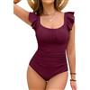 Svanco Costume Intero Donna con Maniche A Volant - Scollatura Quadrata con Busto Arricciato - Costume Modellante Contenitivo Vita con Coppe Integrate