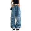 Sumleno Pantaloni Cargo Larghi da Donna Y2K Abbigliamento Multi-Tasca vestibilità Rilassata Jeans Fata Grunge Vestiti Alt Emo Streetwear, Jeans Blu., XL