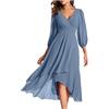 Generic Abito da Donna in Chiffon Primaverile con Scollo a V Maniche Lunghe Pieghettato A Line Lunghezza Midi Abito da Sposa per invitati