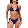 Svanco Costume Donna Due Pezzi Triangolo Bikini Imbottito con Collo Sospeso, Perle d'oro e Cordino Regolabile - Ideale per Mare