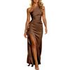 Generico Donna Abito Una Spalla Elegante Abito in Raso con Spacco Abiti da Ballo Plus Size Casual Vestiti Estivi Lunghi Cerimonia Cocktail Invitata Matrimonio Casual Party (Brown, S)