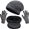 Petrunup Set di Berretto Guanti e Sciarpe da Uomo, 3Pcs Slouch Beanie Snood e Guanti Touchscreen Invernale con Fodera, Grigio