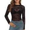 Buauty Maglia a maniche lunghe in rete da donna, top trasparente in pizzo trasparente con collo a lupetto ricamato floreale camicia a rete, Ragnatela nera, S