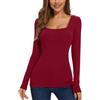 WOWENY Haut thermique pour Femme - Pull d'hiver à col carré à Manches Longues - Sous-vêtements thermiques côtelés - T-Shirt à Manches Longues en Polaire