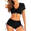 SHEKINI Women's High Waisted Bikini Set V Neck Short Sleeve Padded Drawstring Two Piece Bathing Suit Swimsuit