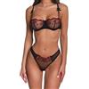 Carré Chic Set di Lingerie in Pizzo a 2 Pezzi, Reggiseno Ricamato con Perizoma Abbinato, Motivo Floreale Trasparente (Nero, S)