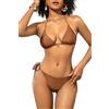 SHEKINI Set bikini sexy da donna metallizzato, con allacciatura al collo, con perizoma laterale, costume da bagno in due pezzi, colore chiaro, marrone, XS