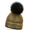 styleBREAKER Caldo Berretto con PON PON in Maglia Metallizzata e PON-PON Removibile in Pelliccia Sintetica, Berretto Invernale con PON-PON di Pelliccia, da Donna 04024138, Colore:Nero/Oro