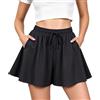 LEACOOLKEY Pantaloncini Donna Estivi Casual con Volant Shorts Estivi da Donna a Vita Alta Elastici Gamba Larga con Coulisse Shorts Shorts da Spiaggia Eleganti Gonna Pantalone,Nero,L
