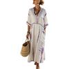 Mfhmom Abito Lungo Estivo Donna - Vestito Cotone Lino Maniche Corte Scollo a V Tasche Copricostumi Spiaggia Boho Chic Vintage Abbigliamento Curvy Taglie Forti Casual Primaverile Prendisole