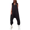 ThiCc Tuta da donna senza maniche con cappuccio, cavallo basso, bottoni, gamba affusolata, tinta unita, estiva, casual, pantaloni harem lunghi, pagliaccetto con tasche, Nero , S