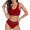 meioro Ladies Sexy Mesh Bikini Sets Crossover Two Piece Swimsuit, U Neck Push Up Swimwear Costume da Bagno a Vita Alta per Le Donne, Cinghie Regolabili (Vino Rosso,M)