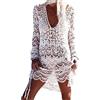JFAN Copricostume Mare Donna Pizzo Camicia Sexy Kaftan Tunica Copricostume da Bagno Donna Bikini Cover Up，One Size Bianco