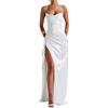 Generico Women's Ruffles Satin Prom Dress, Club Night Sexy Dress Casual Slit Cocktail, off-The-Shoulder Spaghetti Strap Long Party Evening Dresses, Solid Color Sleeveless (White,M)