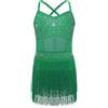 inhzoy Vestito da Ballo Bambina Latino Americano Tango con Nappe Strass Abito da Pattinaggio Artistico con Frange Body Ginnastica Artistica Costume Danza Samba Rubma Salsa Verde 9-10 Anni
