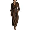Generic Abiti in Lino per Donna Vestiti Lunghi Estivi Abito da Donna in Lino Tinta Unita con Maniche a Tre Quarti e Pieghe e Cotone Abito da Spiaggia Mare Scollo a Girocollo Tasche (Brown M)
